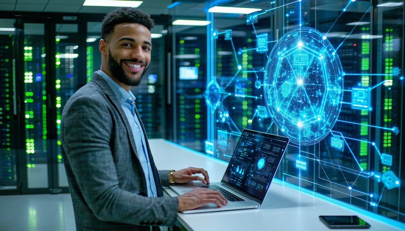 A bright modern IT office with a sense of achievement in the air A technician in a gray blazer stands in the foreground smiling confidently at a laptop screen displaying a 3D network model made of glowing blue nodes and lines resembling a digital spi-3