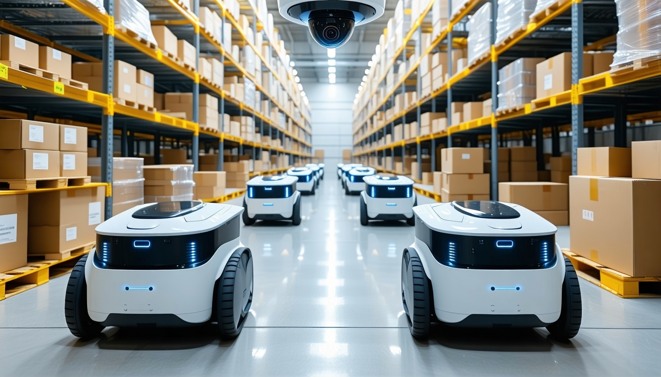 A bright modern warehouse scene showing small autonomous mobile robots AMRs moving boxes along the floor resembling a busy ant colony An AIpowered camera is mounted on the ceiling glowing softly to indicate its active overseeing the operation The bac A bright modern warehouse scene showing small autonomous mobile robots AMRs moving boxes along the floor resembling a busy ant colony An AIpowered camera is mounted on the ceiling glowing softly to indicate its active overseeing the operation The bac