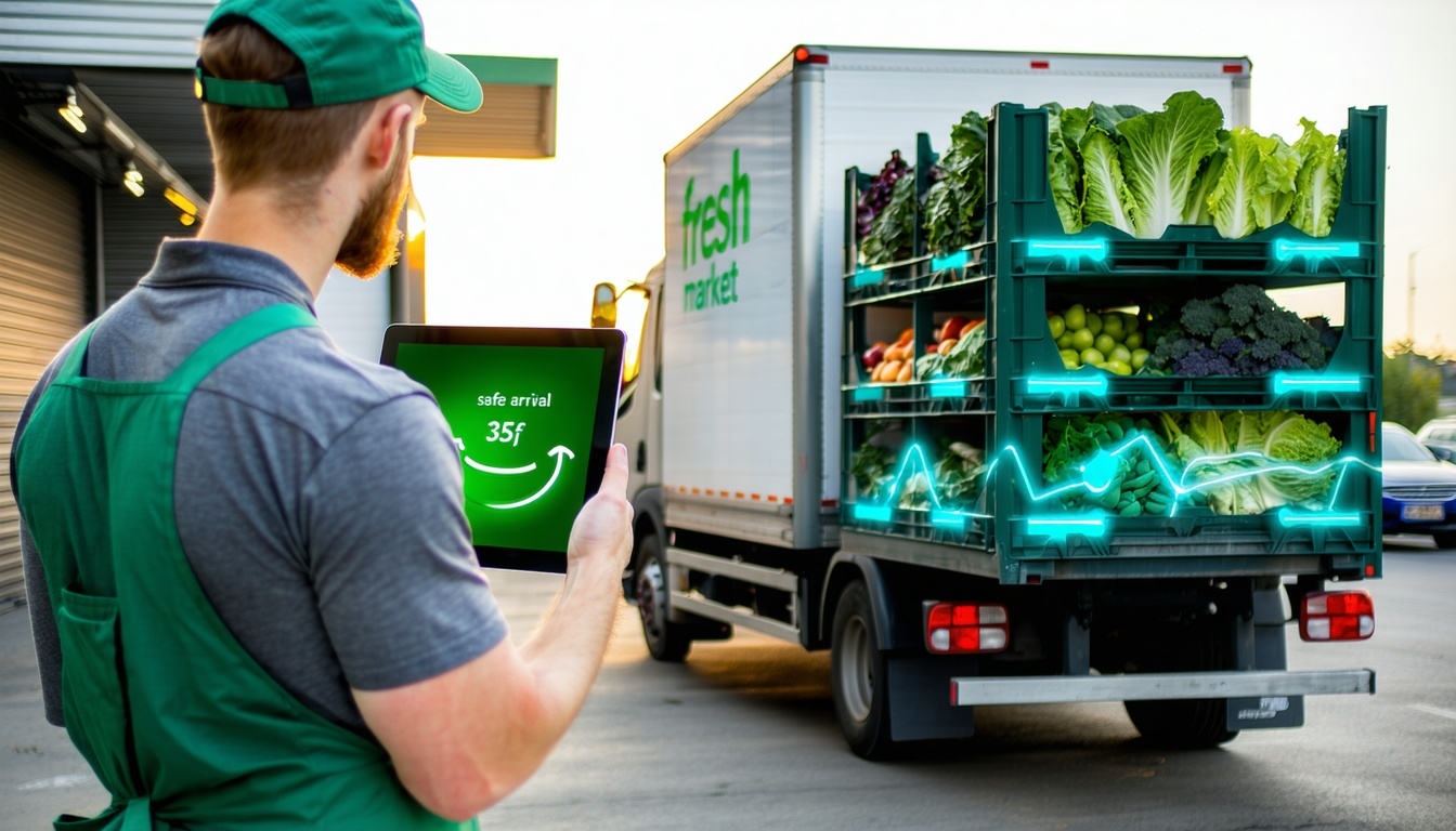 A bustling grocery store loading dock at dawn where a white delivery truck has just arrived with a shipment of fresh produce A worker in a green apron stands in the foreground holding a tablet that displays a bright green Safe Arrival 35F message wit-1