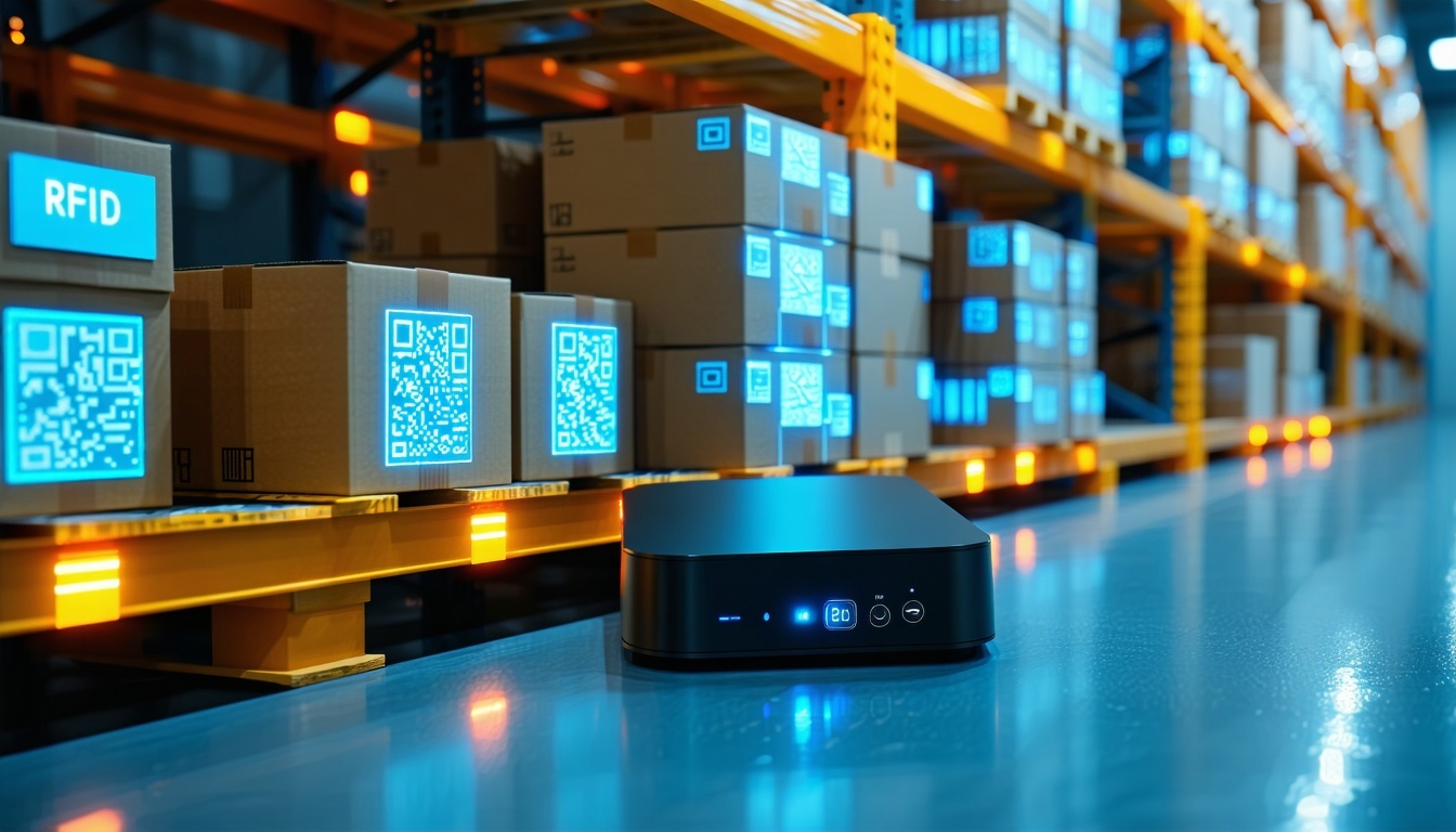 A closeup of a warehouse shelf with neatly stacked boxes each equipped with small IoT sensors like RFID tags or temperature sensors glowing a soft blue to show theyre active A small edge device a compact computer sits nearby connected wirelessly coll-1