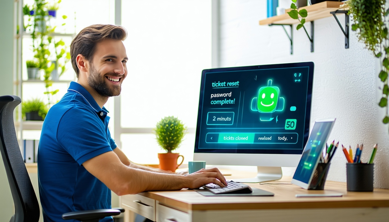 A cozy IT support office with a warm problemsolved vibe A technician in a blue polo shirt sits at a desk smiling at a monitor displaying an AI chatbot interface with a speech bubble Password reset complete A green Ticket Resolved popup glows on the s A cozy IT support office with a warm problemsolved vibe A technician in a blue polo shirt sits at a desk smiling at a monitor displaying an AI chatbot interface with a speech bubble Password reset complete A green Ticket Resolved popup glows on the s