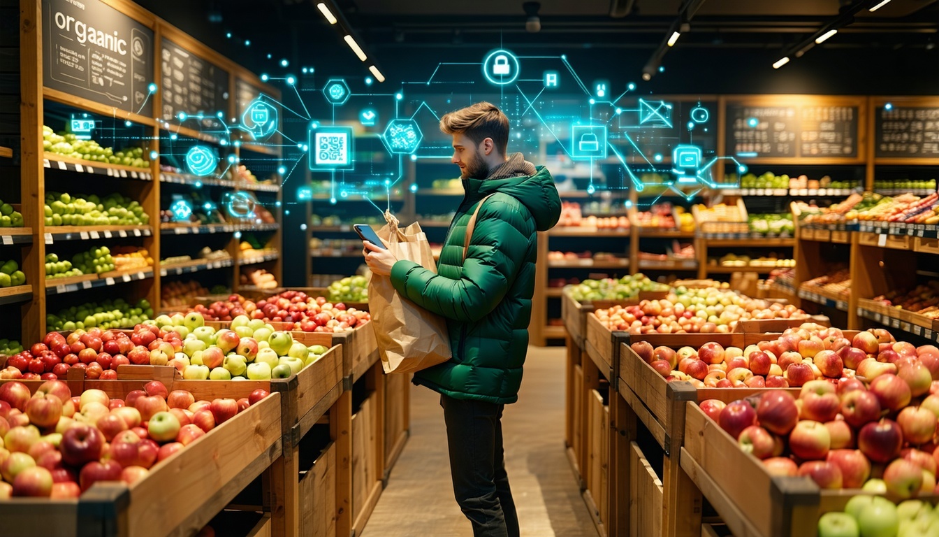 A cozy grocery store aisle with wooden bins filled with shiny red apples labeled Organic A customer in a green jacket stands in the foreground holding a bag of apples and scanning a QR code on the label with their phone A glowing blockchain network o-1