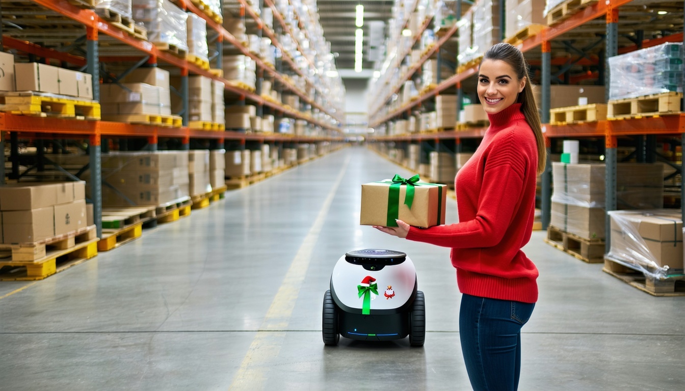 A festive warehouse scene filled with holiday cheer capturing the essence of a busy Black Friday A smiling worker in a red sweater stands in the foreground holding a package wrapped in holiday paper with a green bow handing it to a small autonomous m-2