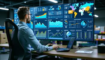 Logistics manager analyzing ERP data on a dashboard, identifying supply chain bottlenecks.