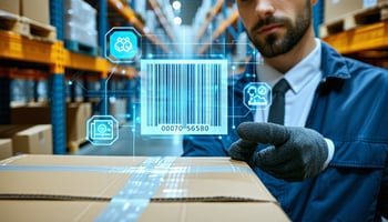 Logistics professional scanning package with blockchain and AI digital overlay, highlighting counterfeit prevention.