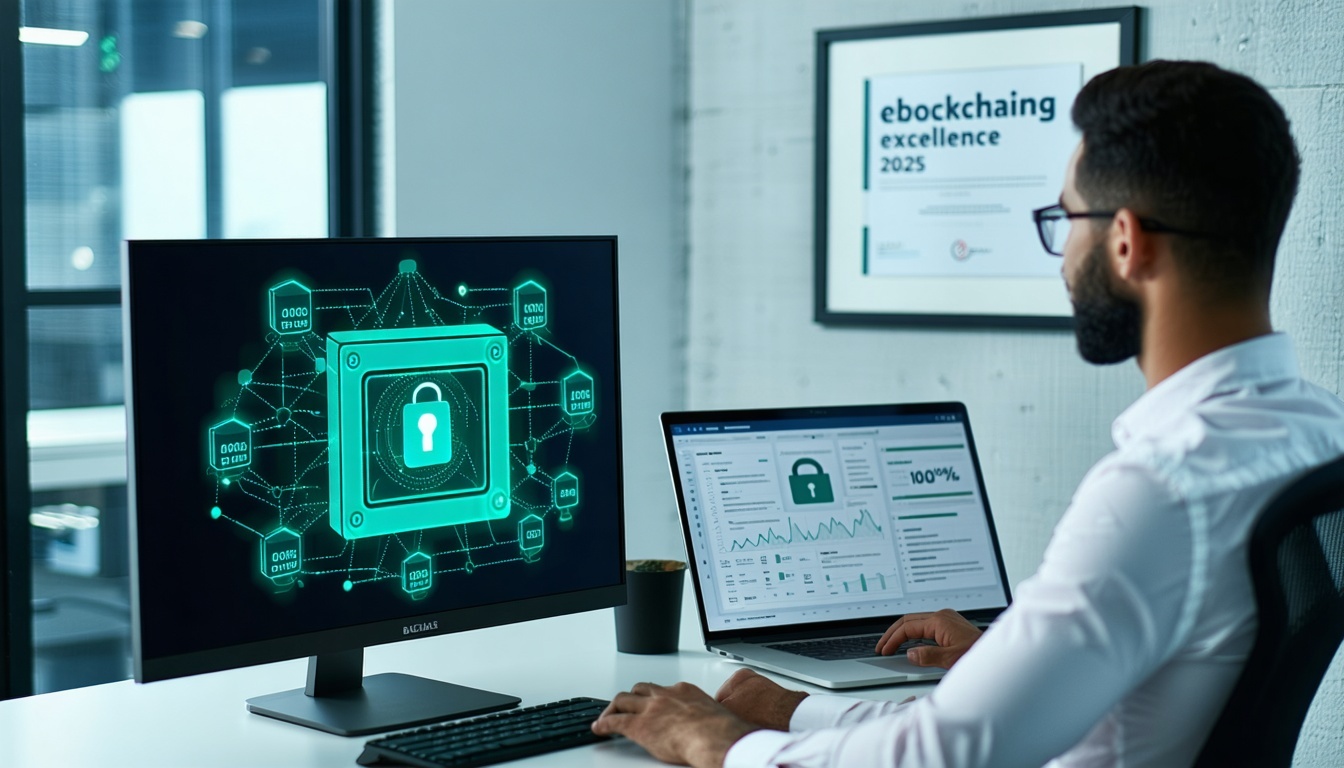 A minimalist IT security office with a focus on trust and protection A large monitor in the foreground displays a digital vault icon its door closed with a glowing green 100 Secure stamp across it A blockchain network overlay of interconnected blocks