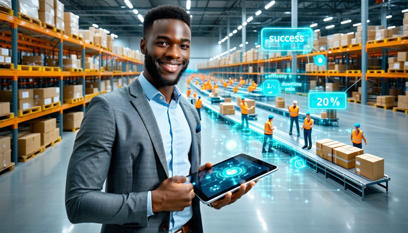 A modern warehouse office setting where a confident manager in a gray blazer stands holding a tablet smiling at the screen The tablet displays a vibrant 3D model of a warehouse with tiny animated workers in orange vests rearranging glowing blue shelv