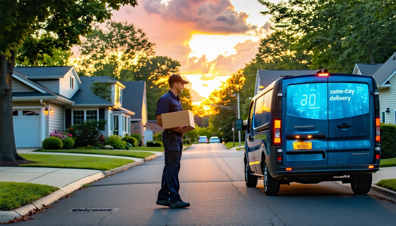 A serene suburban neighborhood at sunset on June 05 2025 with the sky painted in warm oranges and pinks casting a golden glow over treelined streets An Amazon delivery van its iconic blue logo gleaming is parked curbside in front of a cozy house with A serene suburban neighborhood at sunset on June 05 2025 with the sky painted in warm oranges and pinks casting a golden glow over treelined streets An Amazon delivery van its iconic blue logo gleaming is parked curbside in front of a cozy house with
