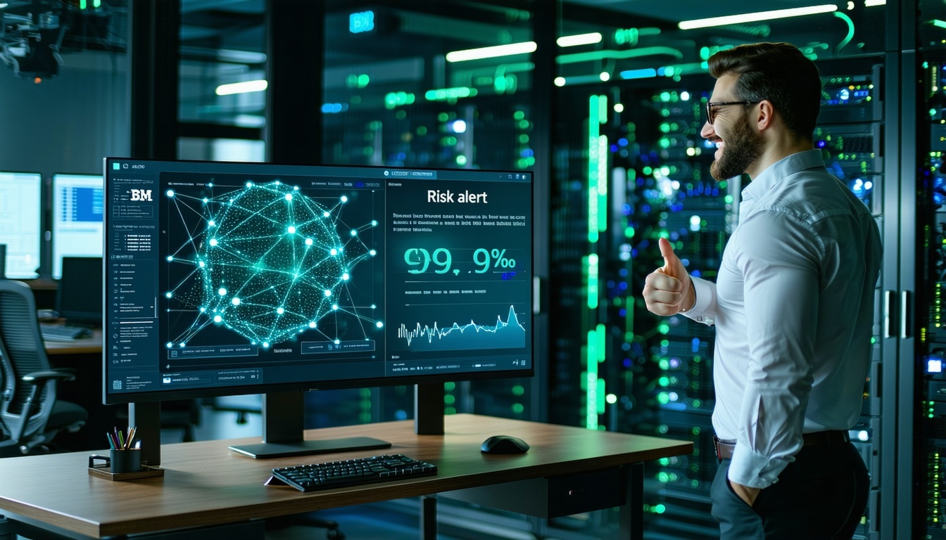 A sleek IT office with a professional techsavvy vibe where innovation meets reliability A large monitor in the foreground displays IBMs logo in the top corner with Watsons interface below showing a Risk Alert Resolved message in bright green alongsid-1 A sleek IT office with a professional techsavvy vibe where innovation meets reliability A large monitor in the foreground displays IBMs logo in the top corner with Watsons interface below showing a Risk Alert Resolved message in bright green alongsid-1