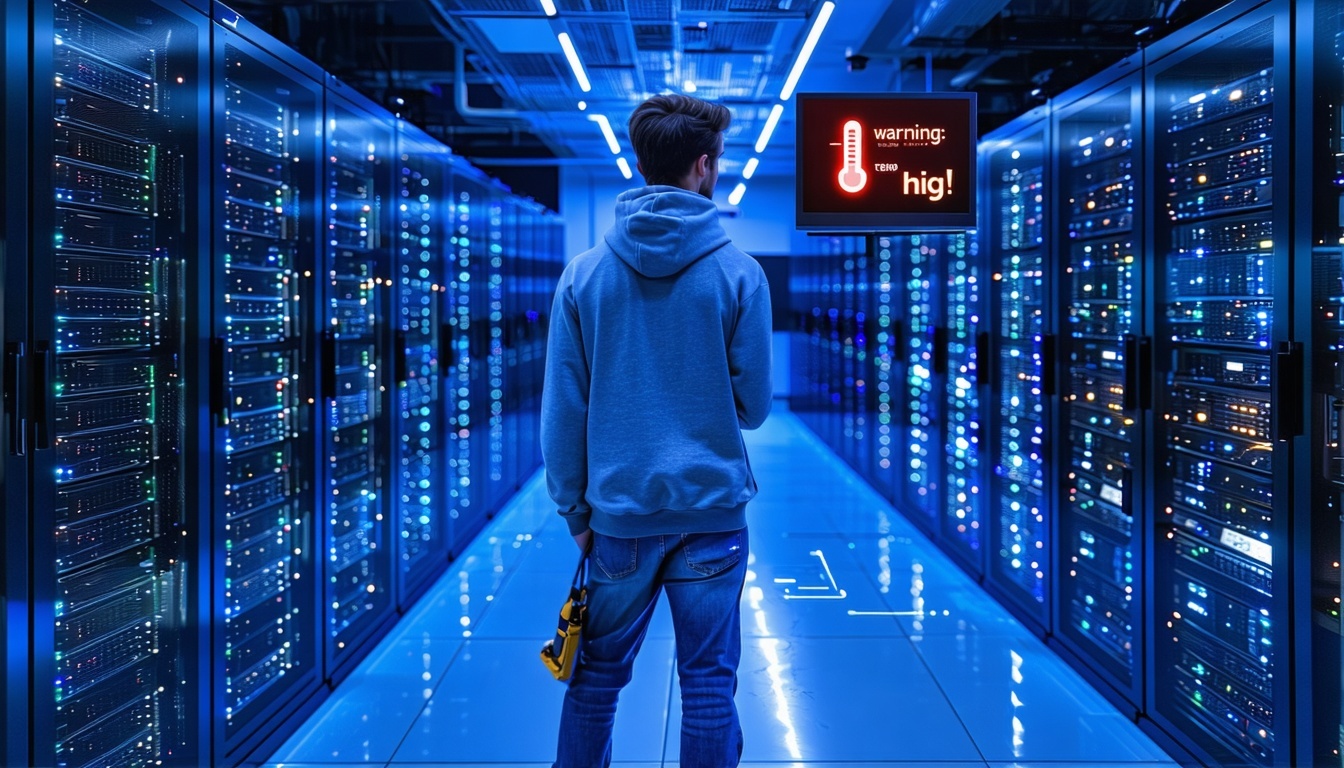 A sleek hightech server room bathed in cool blue lighting where a row of server racks hums with activity Small IoT sensors attached to the racks glow red indicating a temperature issue with faint digital waves connecting them to a technicians phone i
