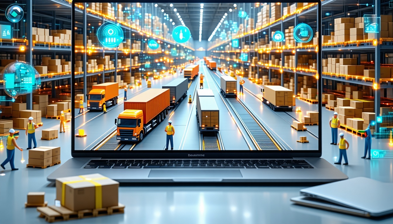 A sleek laptop screen showing a vibrant 3D digital model of a bustling warehouse like a miniature world come to life Tiny animated trucks and workers move packages along glowing conveyor belts with realtime stats popping up in colorful bubbleslike Pa-1