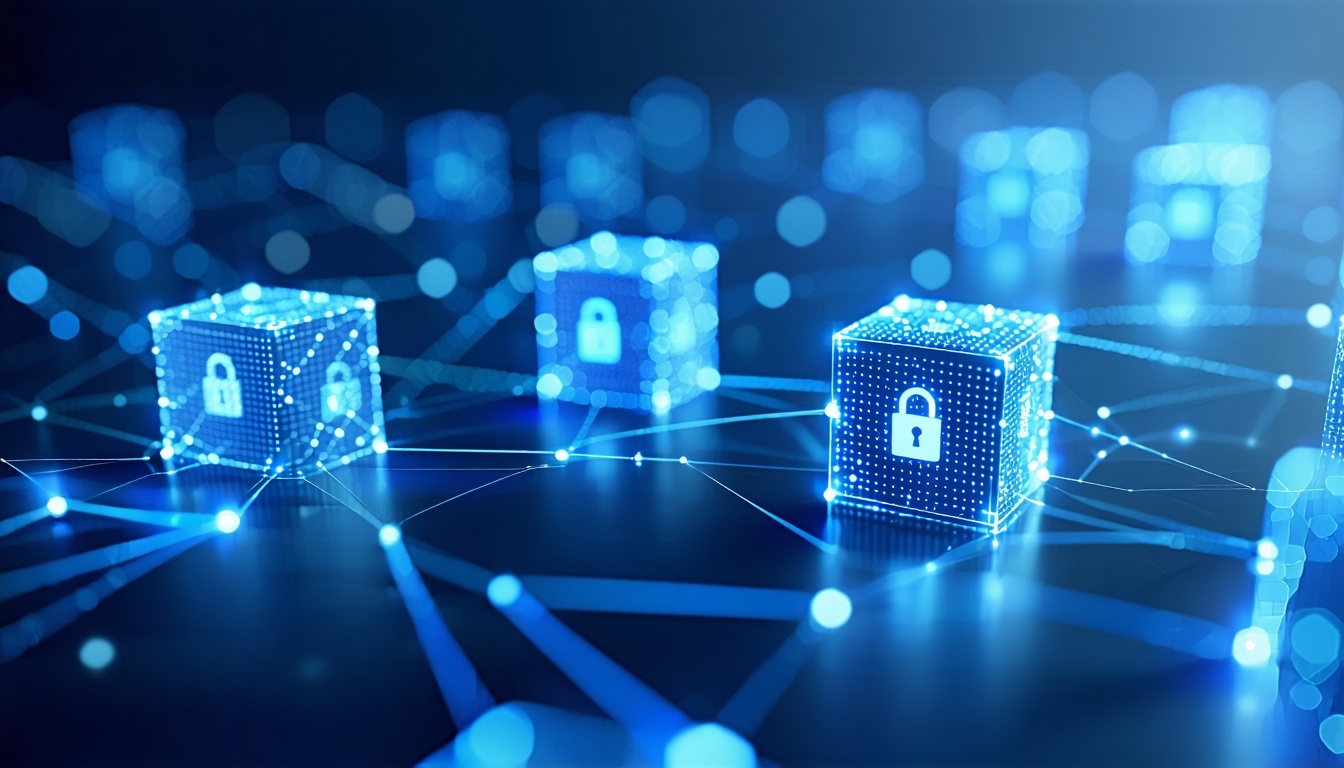 A stylized digital illustration of a blockchain network showing glowing blocks connected by lines forming a secure chain Each block has a faint lock icon symbolizing trust and security The background is a gradient of blues 0a3d62 to 3e92cc with subtl A stylized digital illustration of a blockchain network showing glowing blocks connected by lines forming a secure chain Each block has a faint lock icon symbolizing trust and security The background is a gradient of blues 0a3d62 to 3e92cc with subtl