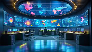 Futuristic IT operations center with dashboards showing AI Level 1 automation and Level 2 predictive analytics, featuring intelligent event correlations for logistics.
