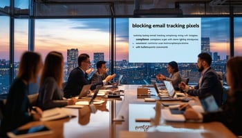 IT admin configuring Microsoft 365 to block email tracking pixels in a mid-sized office, with GDPR and CCPA icons in the background