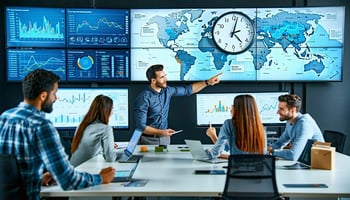 A logistics control room with a digital dashboard displaying AI-optimized routes, real-time GPS tracking, and automated notifications, contrasted with an old whiteboard showing manual routes in the background. The scene highlights the transition to intelligent systems.