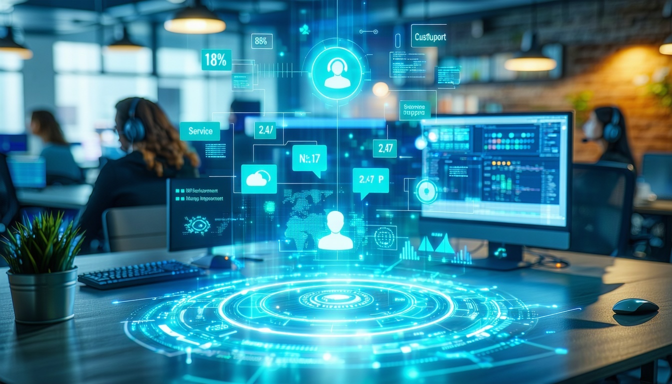 The image features a sleek modern office environment with a central focus on a glowing holographic chatbot interface radiating soft blue and green hues The interface displays a dynamic conversation thread with animated text bubbles symbolizing realti-1