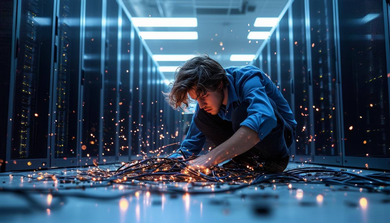 The image portrays a bustling, chaotic data center filled with rows of servers, their blinking lights casting a soft glow in the dimly lit space