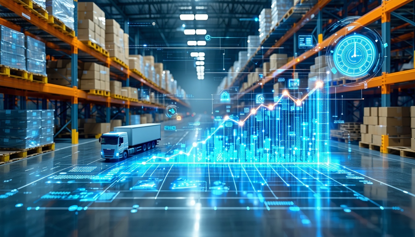 The image portrays a cuttingedge data visualization dashboard seamlessly integrated into a modern warehouse setting exuding a futuristic vibe At its core a vibrant blue trend graph pulses with life its upward trajectory marked by glowing green and or-1