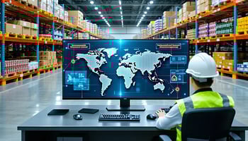 A 3PL warehouse control room with a monitor displaying a “Unsecured PLC Network Detected” alert. An IT technician investigates, while screens show conveyor belts, robotic arms, and a vendor login with default credentials. The scene highlights cybersecurity risks from open PLC networks and third-party access.