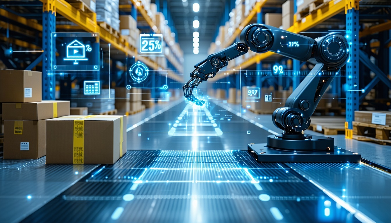 The image presents a bustling warehouse illuminated by a soft blue glow centered on a sleek robotic arm gracefully handling packages with precision The arms movements are traced by dynamic light trails symbolizing automated efficiency while a digital The image presents a bustling warehouse illuminated by a soft blue glow centered on a sleek robotic arm gracefully handling packages with precision The arms movements are traced by dynamic light trails symbolizing automated efficiency while a digital