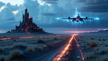 Image of a windswept desert plain at dawn with a crumbling MSSP fortress under red storm clouds symbolizing past breaches like Skynet and Qilin, a rising AI drone leading to new security models, a logistics path with freight trains and IoT sensors, and a fading shadowy figure with old tools, captured on June 25, 2025.