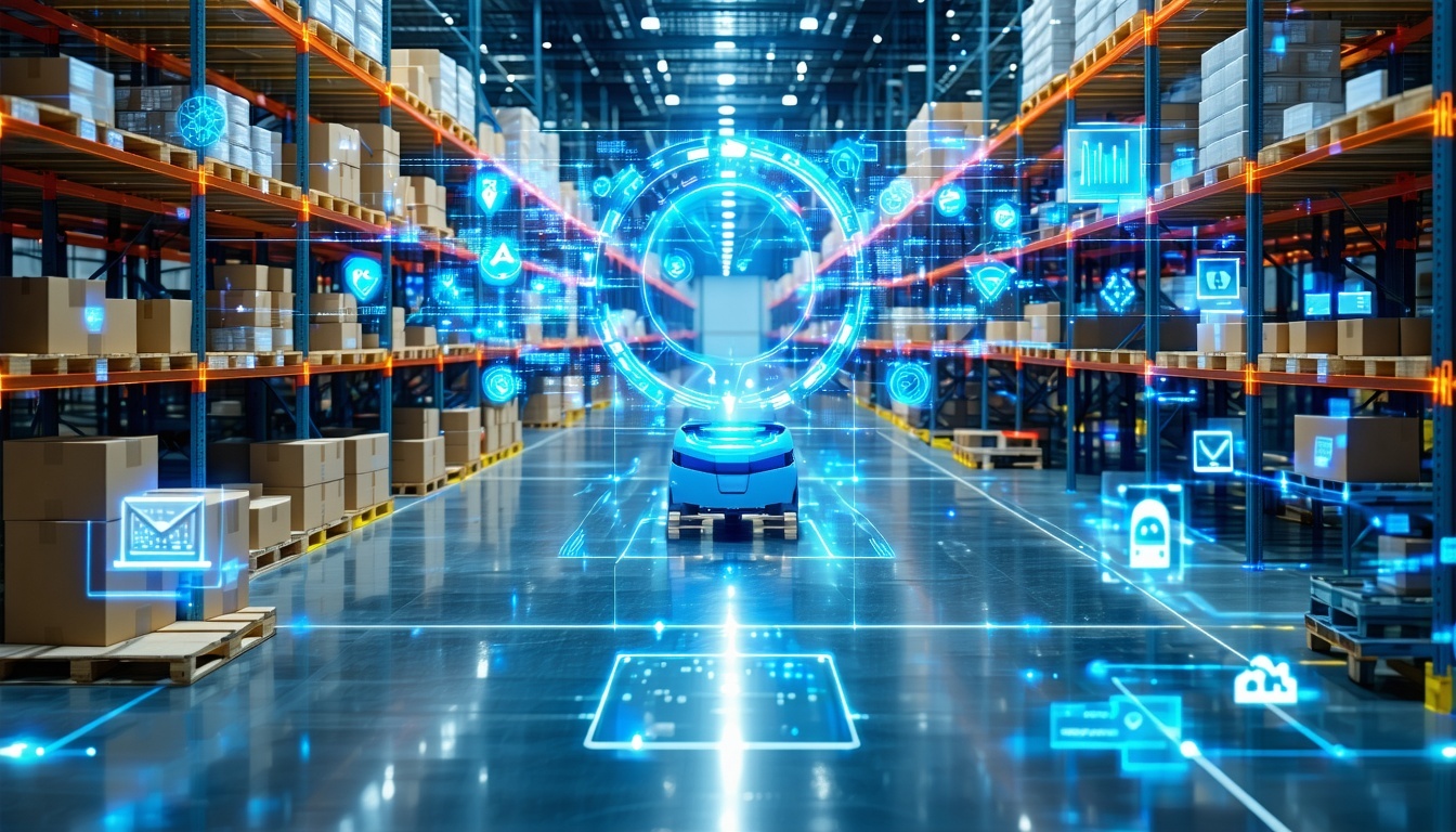 The image showcases a hightech warehouse bathed in a cool blue glow centered on a sophisticated camera system capturing a vibrant realtime feed of moving packages The feed highlights glowing red and green outlines around items indicating 98 accurate