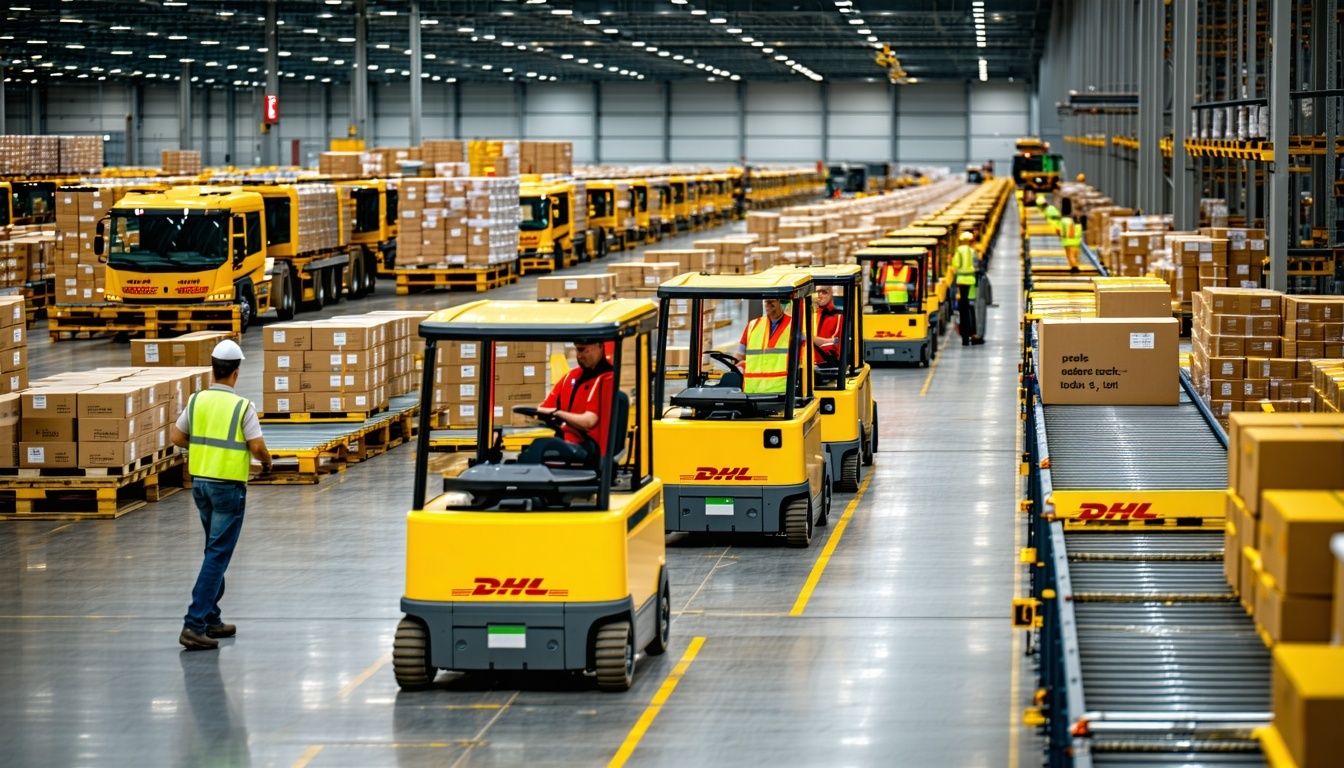 bustling DHL warehouse during a peak season rush filled with organized energy The warehouse is a sea of yellow and red branding with DHL logos on uniforms and trucks parked outside visible through large open doors Inside workers in yellow vests colla