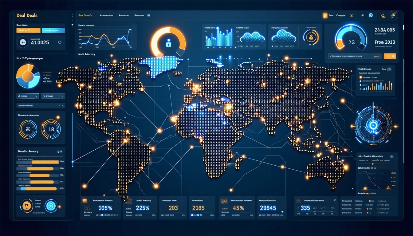 Futuristic digital dashboard with a world map showing glowing orange and blue nodes connected by lines, representing 41 global cybersecurity M&A deals in June 2025. Charts, including a bar graph and pie chart, display deal volumes and categories. Holographic padlock, cloud, and AI icons hover above. Dark high-tech background with binary code patterns.
