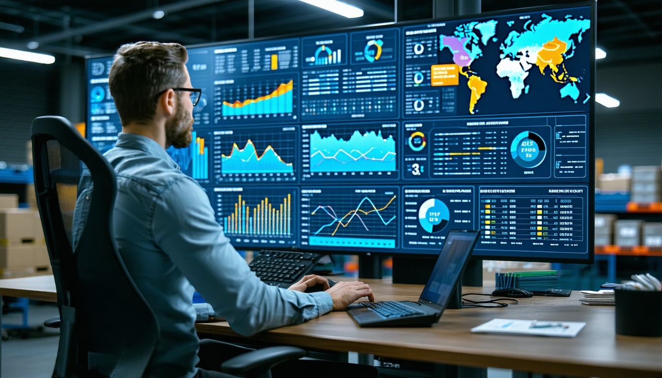 Logistics manager analyzing ERP data on a dashboard, identifying supply chain bottlenecks.