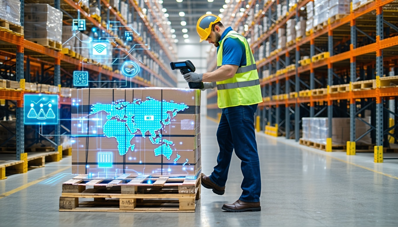 Warehouse worker scanning pallet with RFID, AI, and blockchain overlay, showing big box store compliance.