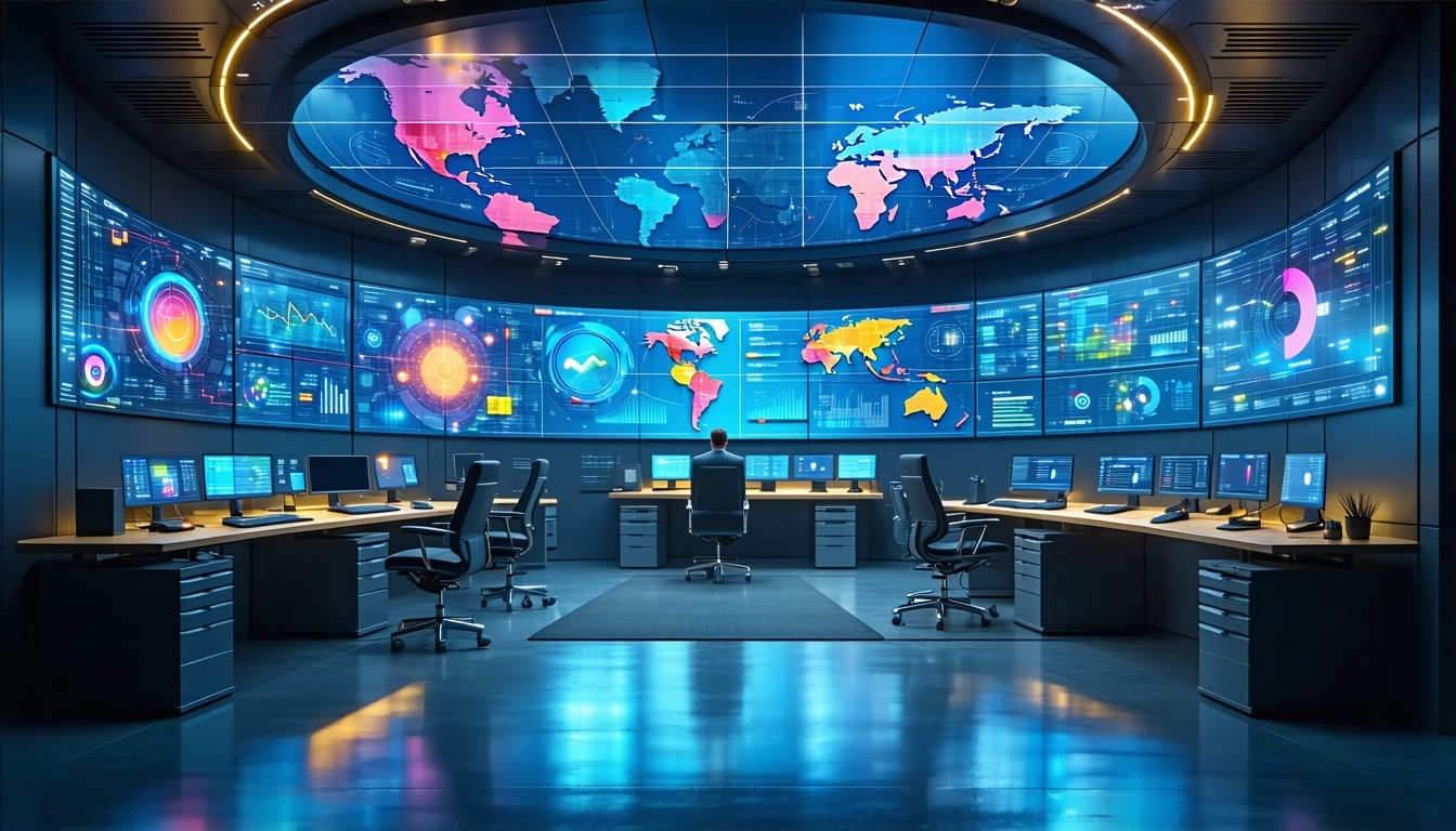 Futuristic IT operations center with dashboards showing AI Level 1 automation and Level 2 predictive analytics, featuring intelligent event correlations for logistics.