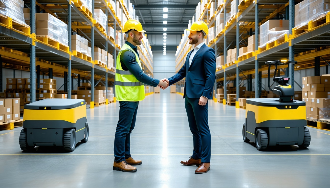 Warehouse manager and MSP consultant shaking hands in a logistics warehouse, with a digital tablet showing AI upskilling training and workflow optimization.