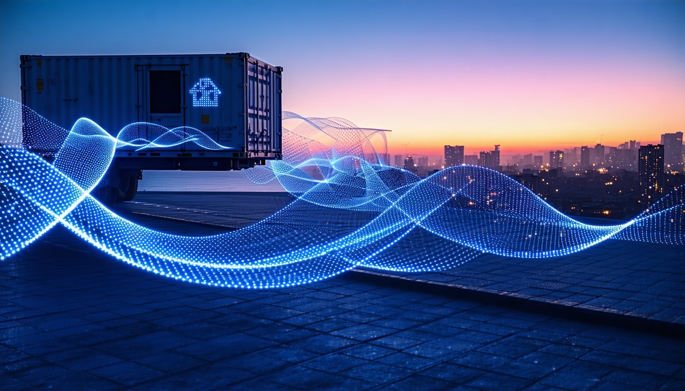 Realistic scene with fiber-optic data cables, a cargo pod on a platform, a coastal city with wind turbines, professionals on a deck with a 3D supply chain touchscreen, and electric vessels on the ocean, symbolizing AI-driven logistics innovation.