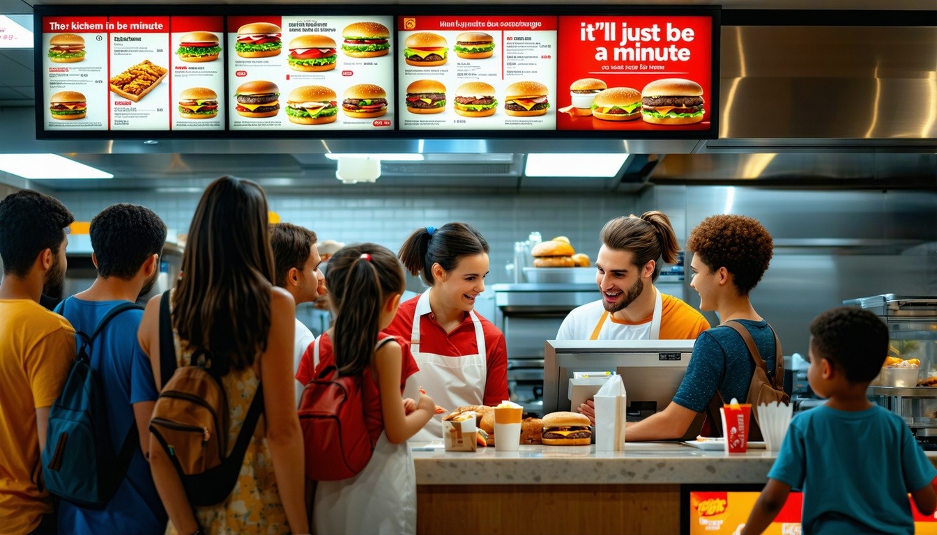 Fast-food cashier smiling and handing a customer their food