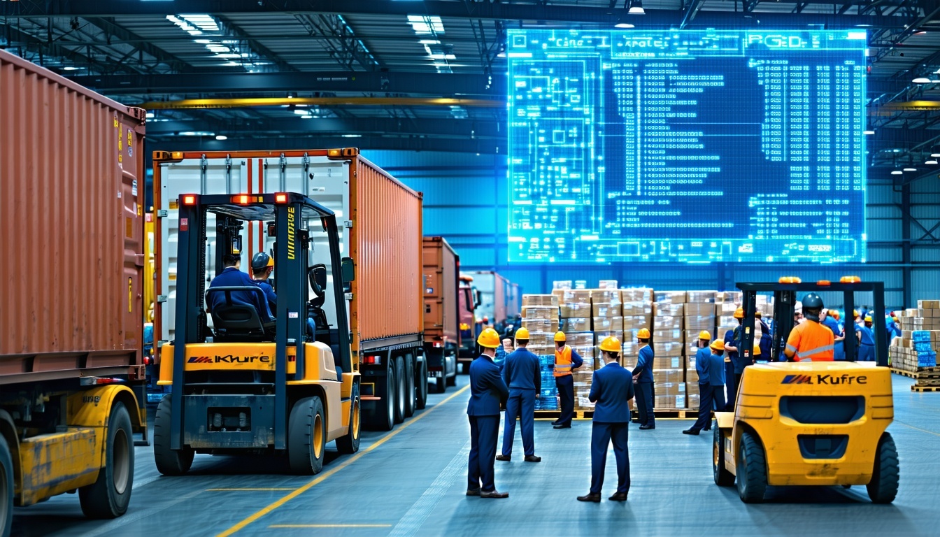 Logistics manager with tablet displaying global map and AI analytics, highlighting tariff impacts