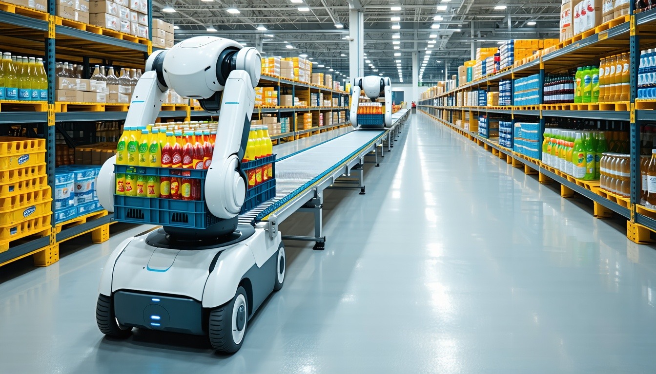A food and beverage warehouse with a polyfunctional robot handling beverage crates on a conveyor belt. Two workers in safety vests monitor the robot, one using a tablet. Shelves are stocked with bottled water, canned goods, and snacks, with a refrigerated section in the background