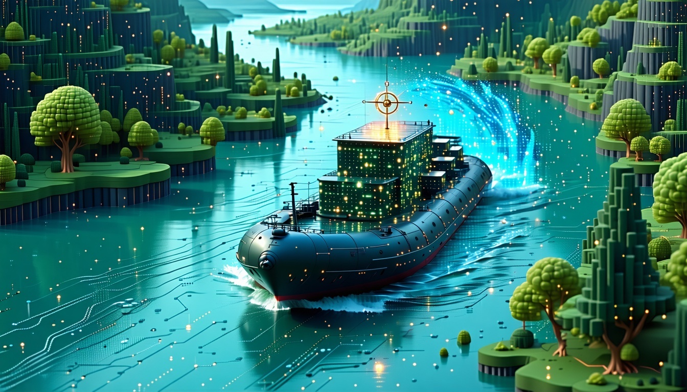 A digital river valley with an AI-powered raft glowing with MSP circuits navigating binary data, facing red ransomware whirlpools, guided by a compass to ‘Optimize’ and ‘Secure,’ symbolizing AI-MSP protection for logistics on June 24, 2025.