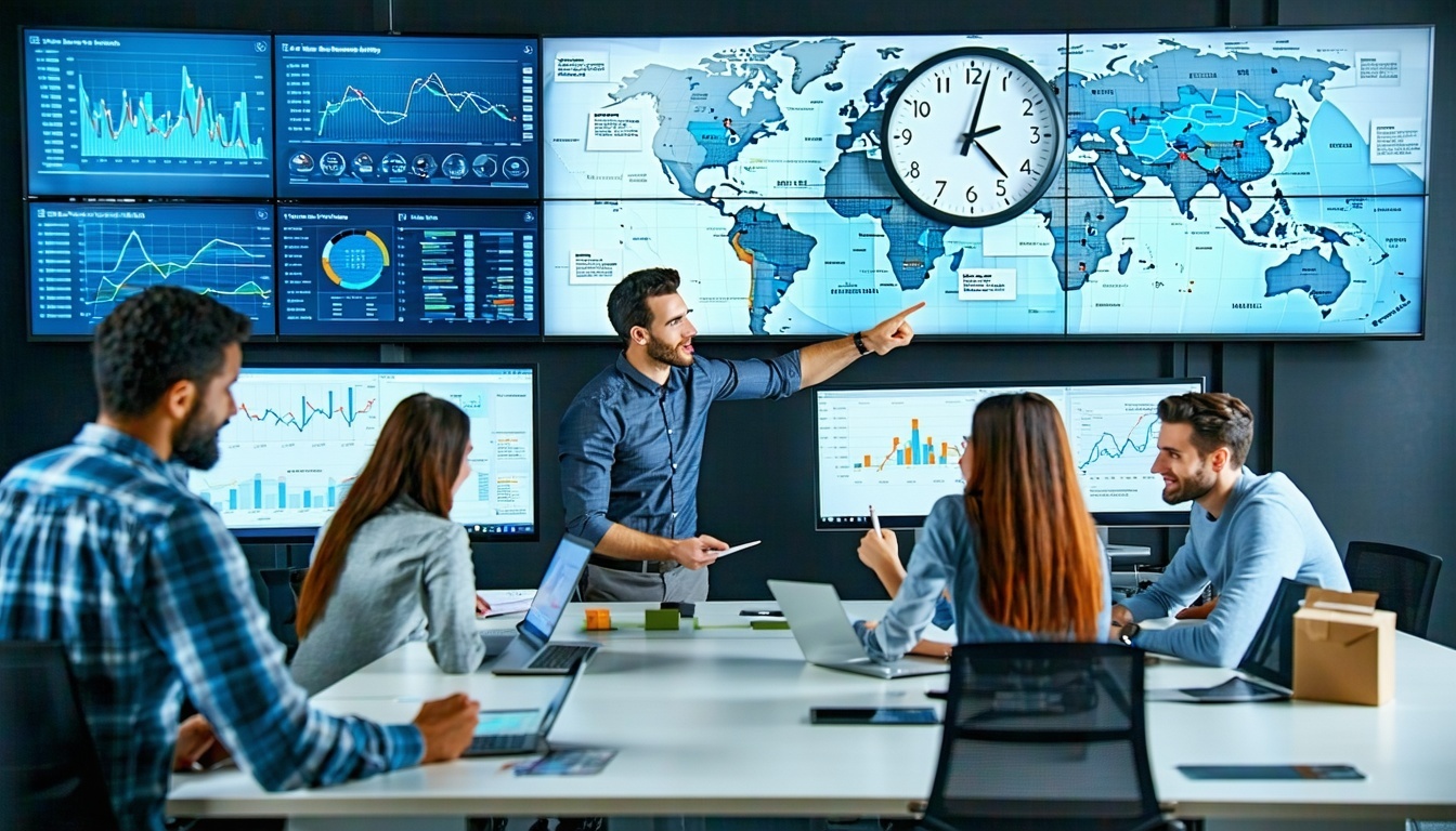 A logistics control room with a digital dashboard displaying AI-optimized routes, real-time GPS tracking, and automated notifications, contrasted with an old whiteboard showing manual routes in the background. The scene highlights the transition to intelligent systems.