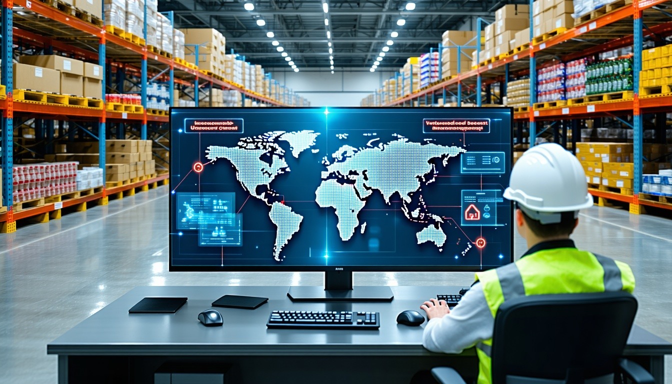 A 3PL warehouse control room with a monitor displaying a “Unsecured PLC Network Detected” alert. An IT technician investigates, while screens show conveyor belts, robotic arms, and a vendor login with default credentials. The scene highlights cybersecurity risks from open PLC networks and third-party access.