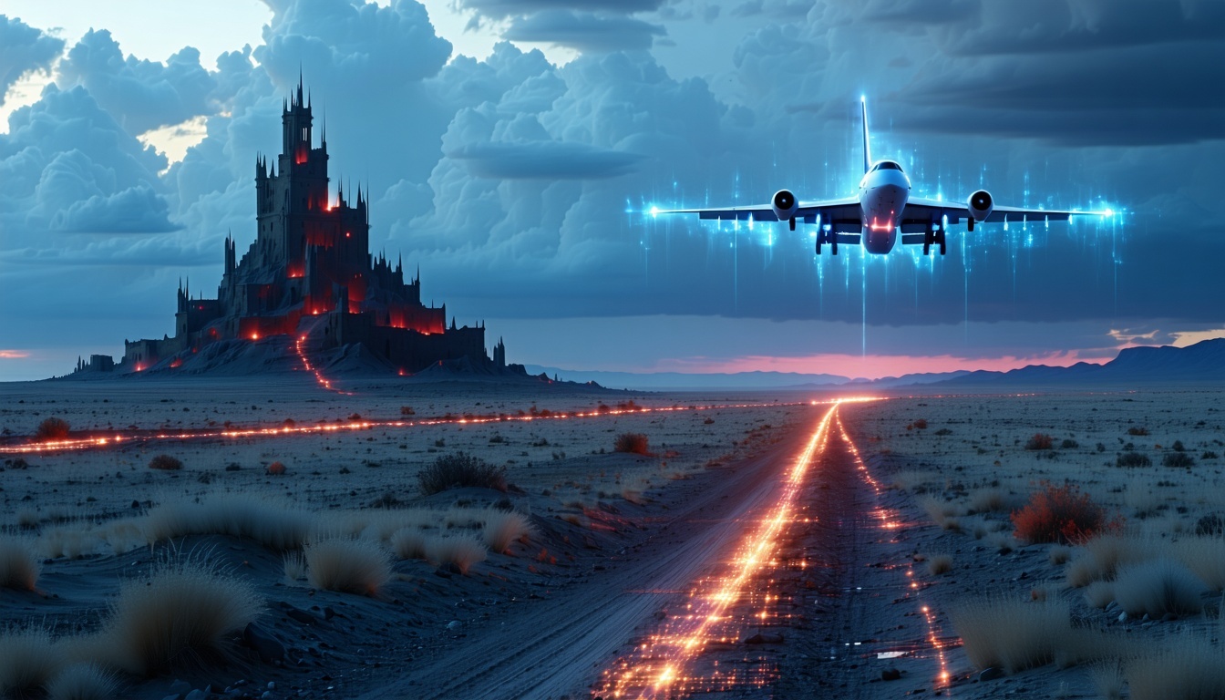 Image of a windswept desert plain at dawn with a crumbling MSSP fortress under red storm clouds symbolizing past breaches like Skynet and Qilin, a rising AI drone leading to new security models, a logistics path with freight trains and IoT sensors, and a fading shadowy figure with old tools, captured on June 25, 2025.