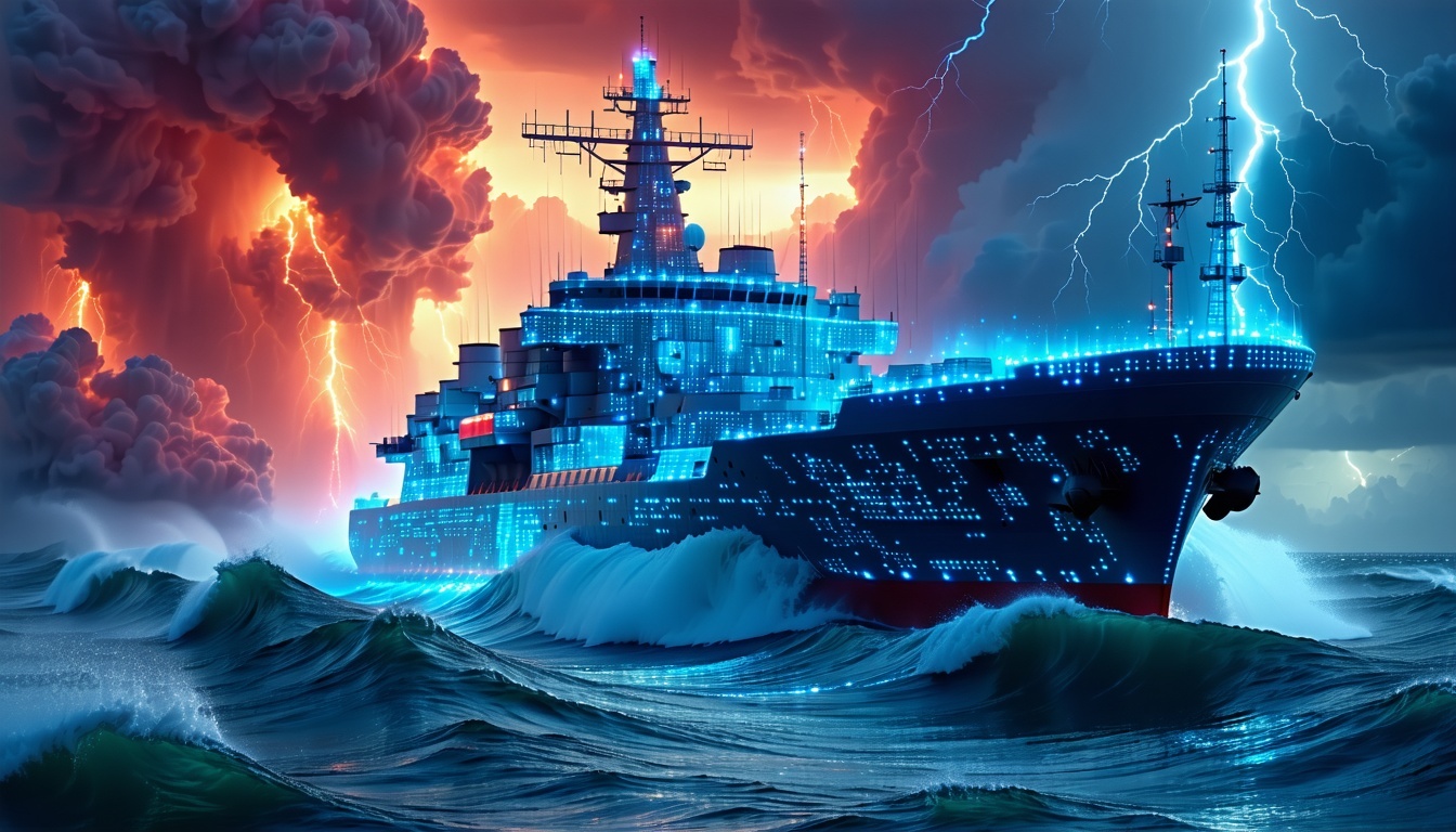 A digital seascape with a ship glowing with AI circuits sailing through binary waves, under red storm clouds symbolizing cyber threats like Qilin ransomware and Scattered Spider phishing, with an MSP beacon casting green light, representing AI and IT MSP protection for logistics, captured on June 24, 2025.